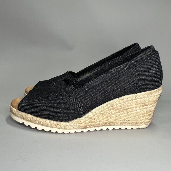 Skechers Wedge Sandals Women's Size‎ 8 Dark Blue Denim Espadrille Open Toe Heels - Picture 4 of 12